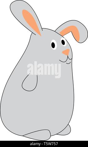 A fat grey bunny with pink ears and pink nose standing upright and looking to the left vector color drawing or illustration Stock Vector