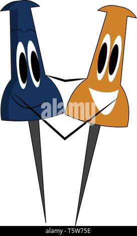 A pair of blue and yellow bulletin board pins with a smiley face holding hands vector color drawing or illustration Stock Vector