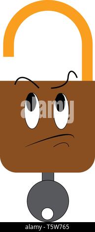 An opened brown lock having a face on it with a grey key placed inside it vector color drawing or illustration Stock Vector