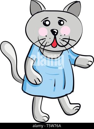 A grey cat wearing a blue dress and walking upright vector color drawing or illustration Stock Vector