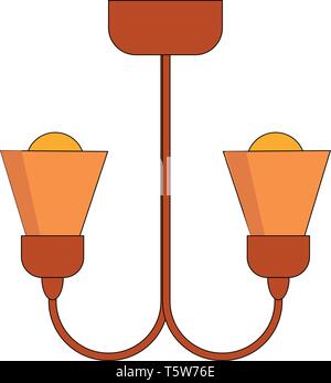 A red chandelier with two yellow bulbs hanging from the ceiling vector color drawing or illustration Stock Vector