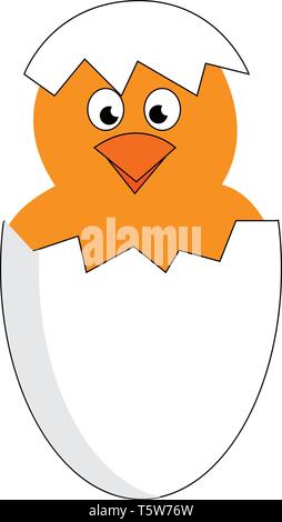 A yellow chick hatching from a white egg gives a surprised look vector color drawing or illustration Stock Vector