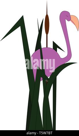 A purple flamingo hiding in tall green grass with its eyes closed vector color drawing or illustration Stock Vector