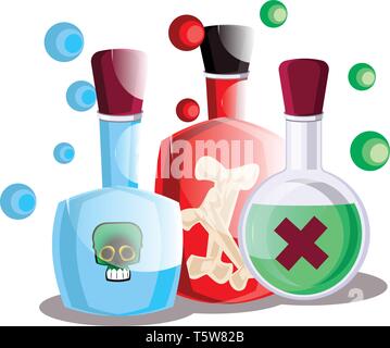 Blue red and green poison halloween bottles vector illustration on white background. Stock Vector