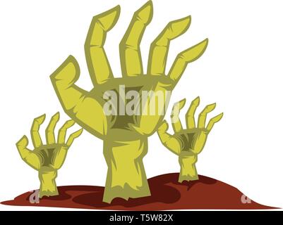 Three yellow hands rising from the ground halloween vector illustratoin on white background. Stock Vector