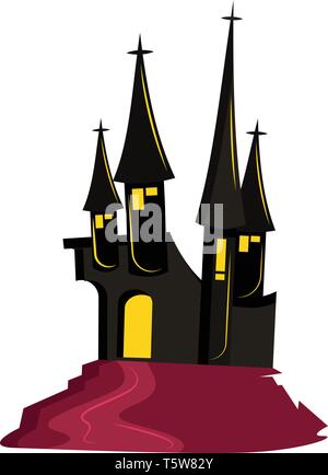 Vector illustration of a  black scary castle on top of a hill  white background. Stock Vector