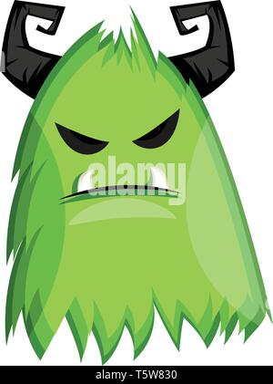 Vector illustration on white background of grumpy green monster with big black horns. Stock Vector