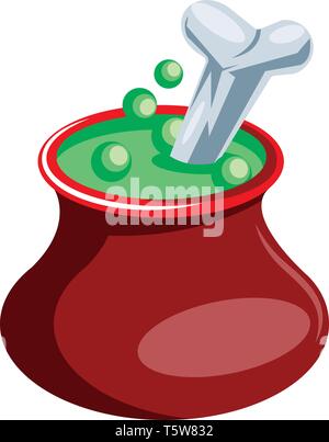 Red pot with green poison and bone floating vector illustration on white background. Stock Vector