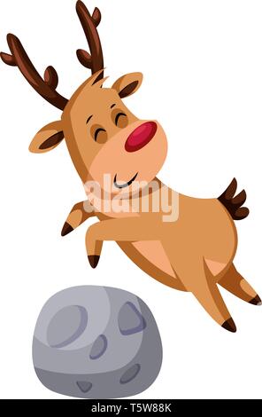 Christmas deer jumping over a rock vector illustration on a white background Stock Vector