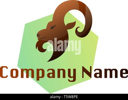 Brown ram head on green hexagon vector logo illustration on a white background Stock Vector