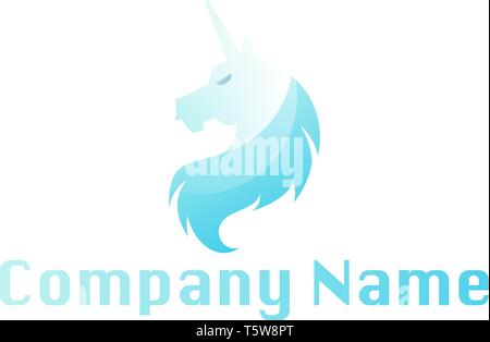 Light blue unicorn head above blank text space vector logo illustration on a white background Stock Vector