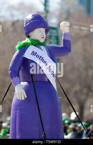 Chicago, Illinois, USA - March 16, 2019: St. Patrick's Day Parade, Balloon of Mother Jones, rights activist, being transported down columbus drive Stock Photo