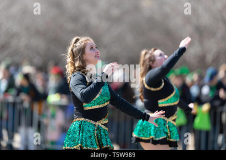 Chicago, Illinois, USA - March 16, 2019: St. Patrick's Day Parade, The St. Vincent - St. Mary Fighting Irish Marching Band going down Columbus drive a Stock Photo