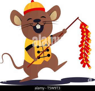 Cartoon mouse in yellow chinese suit vector illustartion on white background Stock Vector