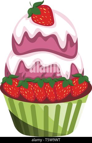 Chocolate cupcake with strawberries and purple ice cream illustration vector on white background Stock Vector