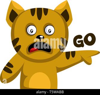 Yellow cat pointing finger and saying Go vector sticker illustration on a white background Stock Vector