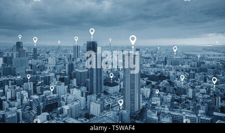 Map pin GPS navigation technology, and wireless technology in the city Stock Photo