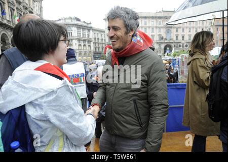 Milan, demonstration of 25 April 2019, anniversary of the Liberation of Italy from Nazifascism. Pierfrancesco Diliberto, known as Pif, television writer, screenwriter, director, writer and actor. Stock Photo