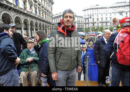 Milan, demonstration of 25 April 2019, anniversary of the Liberation of Italy from Nazifascism. Pierfrancesco Diliberto, known as Pif, television writer, screenwriter, director, writer and actor. Stock Photo