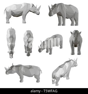 Set with polygonal rhino in different positions. 3D. Vector illustration. Stock Vector