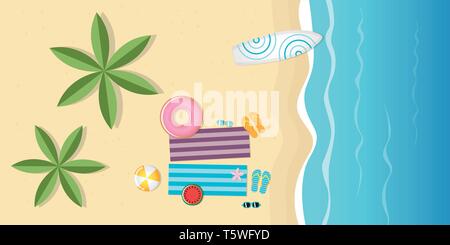 beautiful day on the beach top view with surfboard and palm trees summer holiday design vector illustration EPS10 Stock Vector