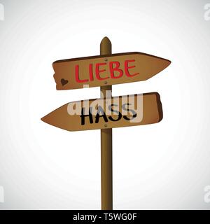 love and hate german text on wooden sign vector illustration EPS10 Stock Vector