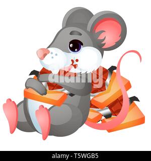 Cute animated mouse eating chocolate isolated on white background. Vector cartoon close-up illustration. Stock Vector
