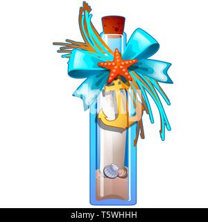 A beautiful souvenir from the trip in the form of a glass bottle with sand and shells isolated on white background. Vector cartoon close-up Stock Vector