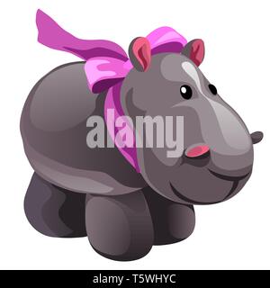 Soft toy plush grey Hippo with pink bow isolated on white background. Vector cartoon close-up illustration. Stock Vector