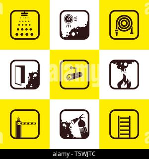 Fire services icons. Set of 9 Quality icons. Fire fighter and emergency rescue icons set vector illustration for mobile, web and applications. Stock Vector