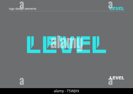 LEVEL. Graphic design. Typography. Logo. Vector illustration of blue font on gray background. Stock Vector