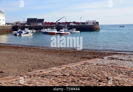 Fishing Boats Moored up in Rozel Bay Harbour on the Island of Jersey, Channel Isles, UK. Stock Photo