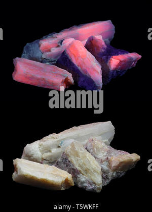 Crystals of major industrial lithium ore spodumene showing red fluorescence in ultraviolet light (365 nm).   Lower image same sample in normal light. Stock Photo