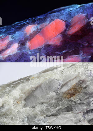 Crystals of major industrial lithium ore spodumene showing red fluorescence in ultraviolet light (365 nm).   Lower image same sample in normal light. Stock Photo