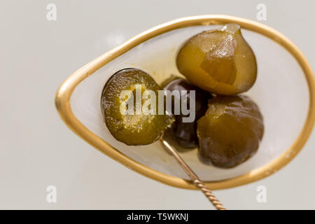 Upper view shot of a fig jam in a glass plate. Horizontal composition. Stock Photo