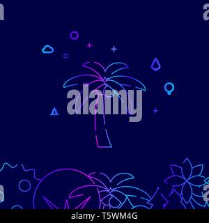 Palm Tree with Nuts Vector Line Illustration. Wild Tree Gradient Icon, Symbol or Pictogram, Sign. Dark Blue Background. Related Bottom Border. Stock Vector