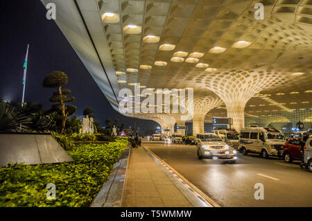 Beautiful exteriors of Mumbai International airport during night also called Chhatrapati Shivaji International Airport Stock Photo