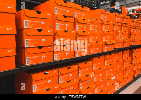 Huge stack of orange Nike Shoe boxes at Nike Factory Outlet in Taipei ...