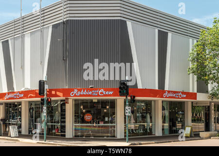 Darwin Australia - February 22, 2019: Robbie and the Crew fashion store on the mall downtown. Corner building with traffic lights in front. Large disp Stock Photo