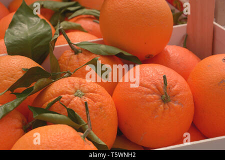 oranges on market with green leaves, juicy oranges organically grown lie in wooden boxes on market Stock Photo