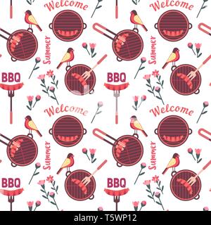 Flat hand drawn barbecue icons seamless pattern Stock Vector