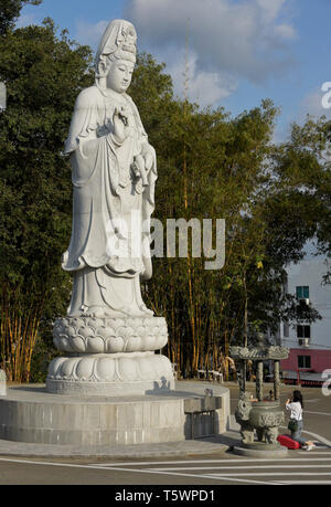 Woman praying at statue of Kwan Yin (Guan Yin), Goddess of Mercy, Puh Toh Tze (Poh Toh Tse, Pu Tuo Si) Buddhist temple, Kota Kinabalu, Sabah (Borneo), Stock Photo