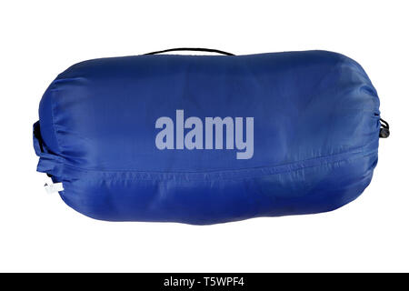 sleeping bag, Rolled blue inflatable camping bed isolated on white background.  , High resolution image gallery. Stock Photo