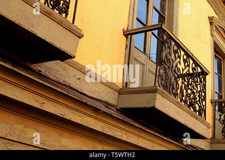 Lima, Peru - April 21, 2018: Architectural detail featuring balconies in central Lima Peru Stock Photo