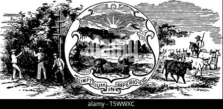 The official U.S. state seal of Ohio this seal shows tree and three men doing some work underneath of that tree in left side it also shows sunrise mou Stock Vector