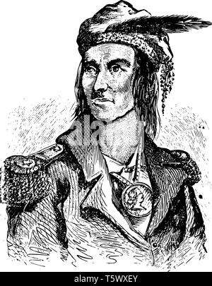 Tecumseh 1768 to 1813 he was a Native American Shawnee warrior and chief of the Shawnee vintage line drawing or engraving illustration Stock Vector