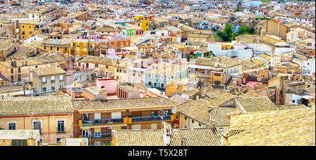 Caravaca de la Cruz, the holy city and key destination for pilgrims and travelers. Vibrant and colorful Caravaca townscape in Murcia Spain, 2019. Stock Photo