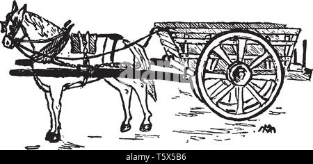 Horse and Cart where a horse drawn vehicle is a mechanized piece of equipment pulled by one horse or by a team of horses, vintage line drawing or engr Stock Vector