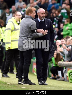 Celtic manager Neil Lennon (left) shakes hands with Kilmarnock manager Steve Clarke after the Ladbrokes Scottish Premiership match at Celtic Park, Glasgow. Stock Photo