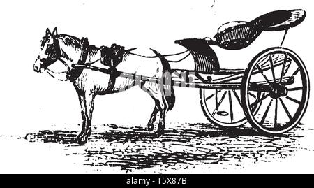 Caleche is a light low wheeled carriage with a removable folding hood, vintage line drawing or engraving illustration. Stock Vector